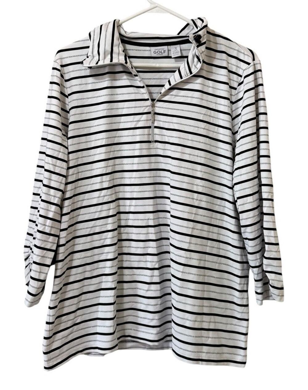 Zenergy Golf By Chicos Women Size 3 Striped 3/4 Sleeve Shirt Stretch Metallic